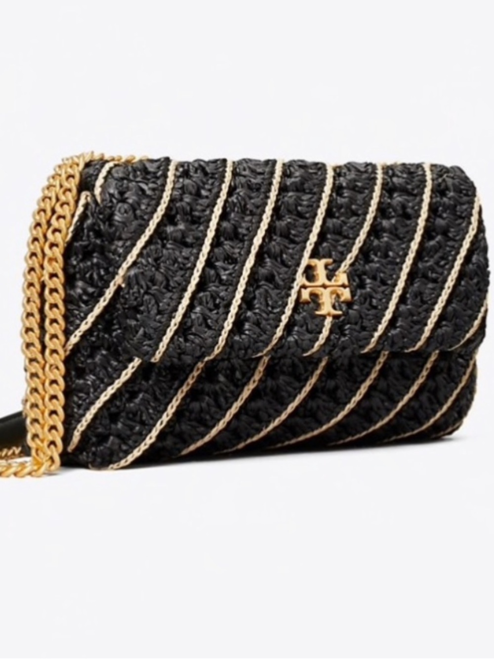 Tory Burch Kira Black Crochet Small Convertible Shoulder Bag with Gold Chain